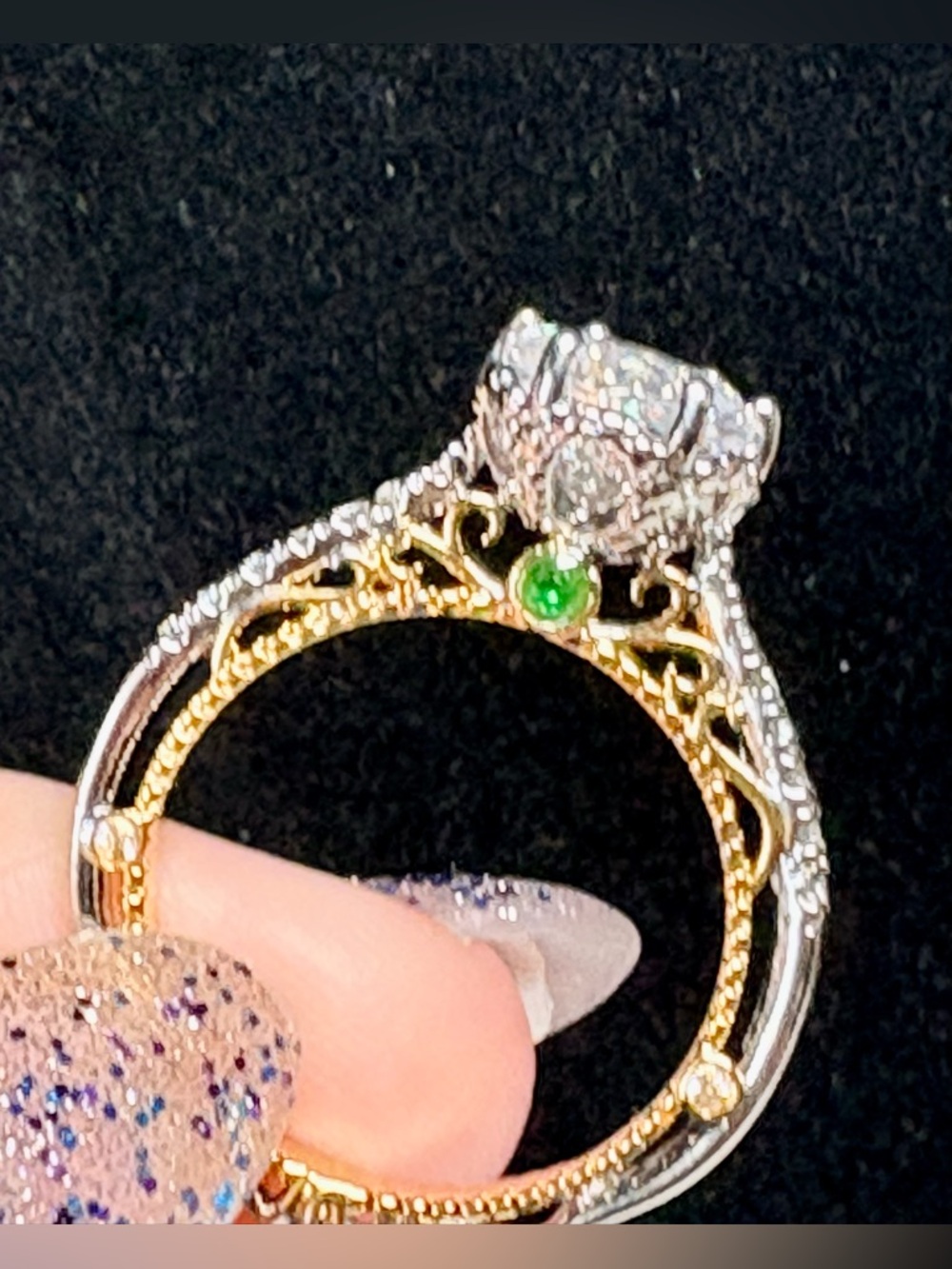Two-Tone Gold and Silver Filigree Ring with Green Accent - Size 8
